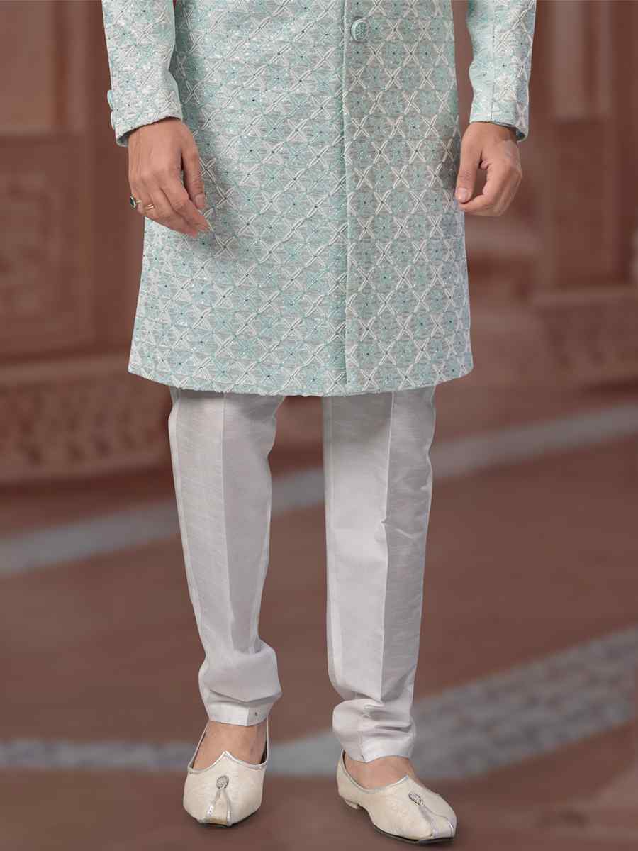Mint Colour Jacquard Embroidered Groom Wedding Sherwani