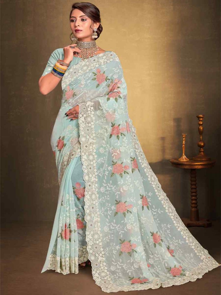 Mint Georgette Embroidered Wedding Party Heavy Border Saree