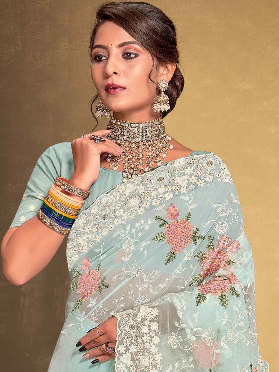 Mint Georgette Embroidered Wedding Party Heavy Border Saree
