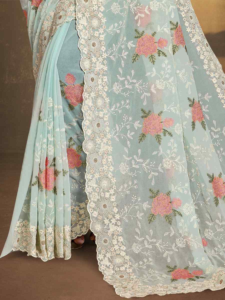 Mint Georgette Embroidered Wedding Party Heavy Border Saree
