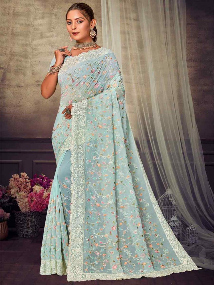 Mint Georgette Embroidered Wedding Reception Heavy Border Saree