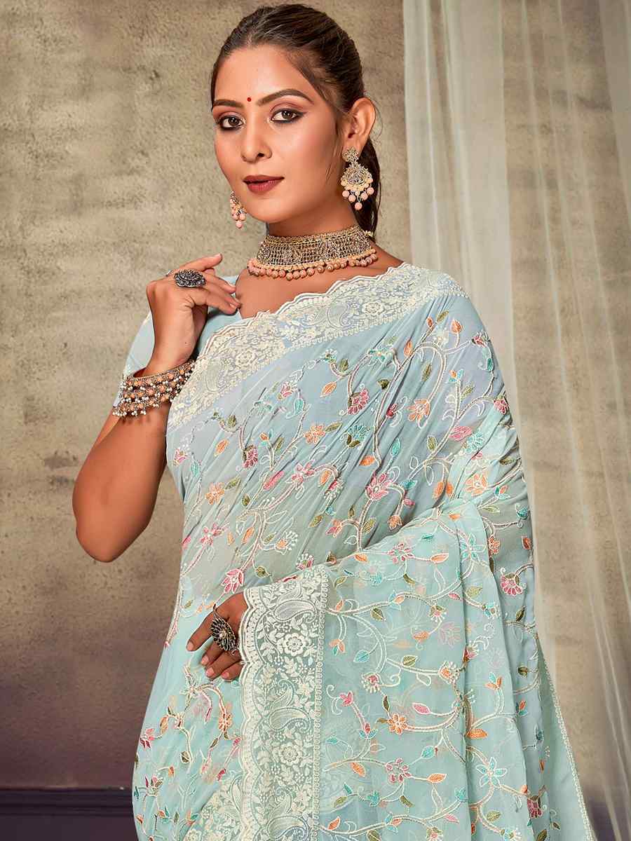 Mint Georgette Embroidered Wedding Reception Heavy Border Saree