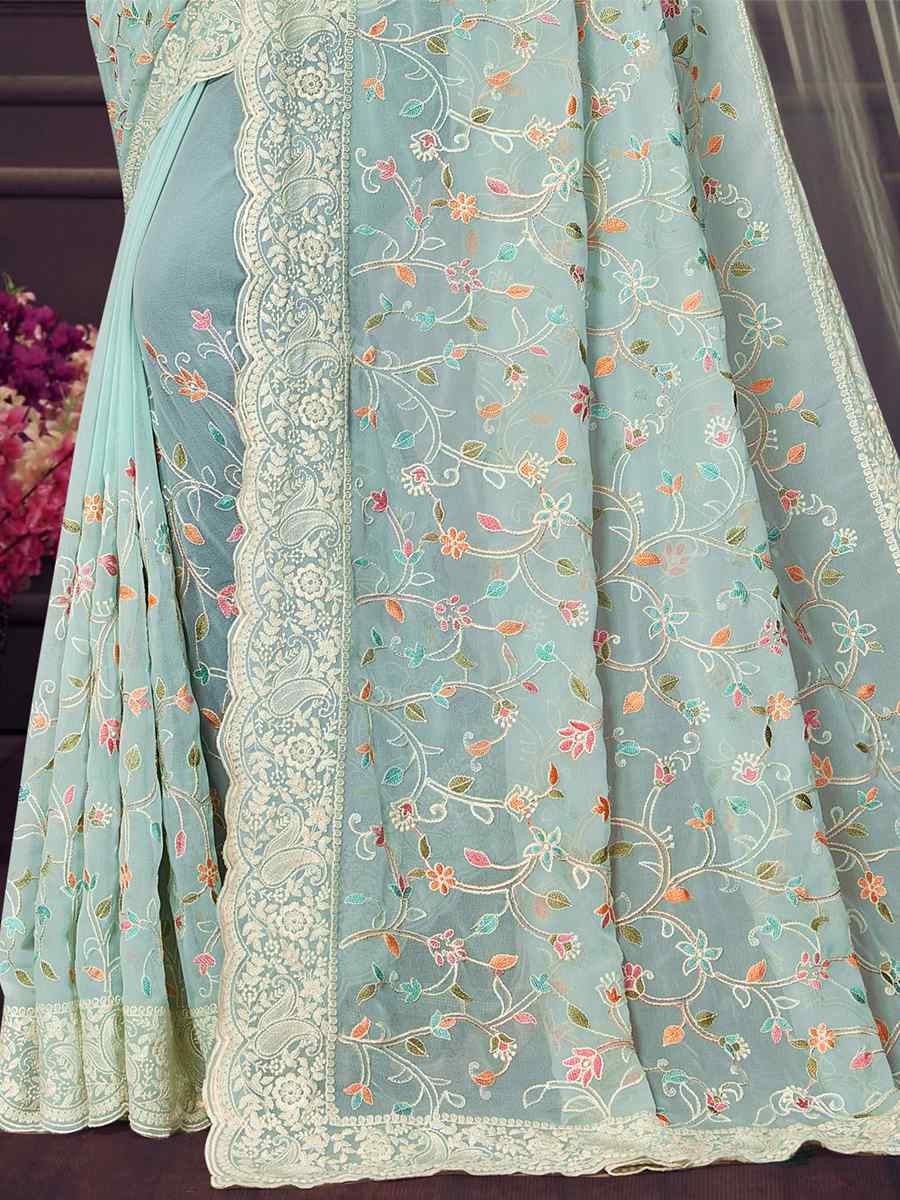 Mint Georgette Embroidered Wedding Reception Heavy Border Saree