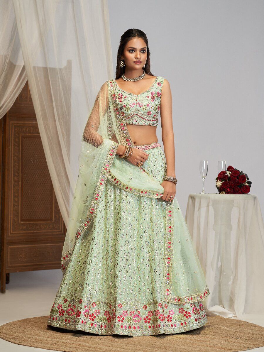 Mint Georgette Embroidery Sequins Zari Wedding Reception Party Festival Heavy Border Lehenga Choli