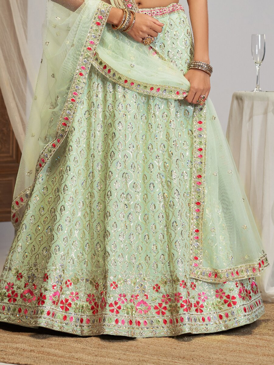 Mint Georgette Embroidery Sequins Zari Wedding Reception Party Festival Heavy Border Lehenga Choli