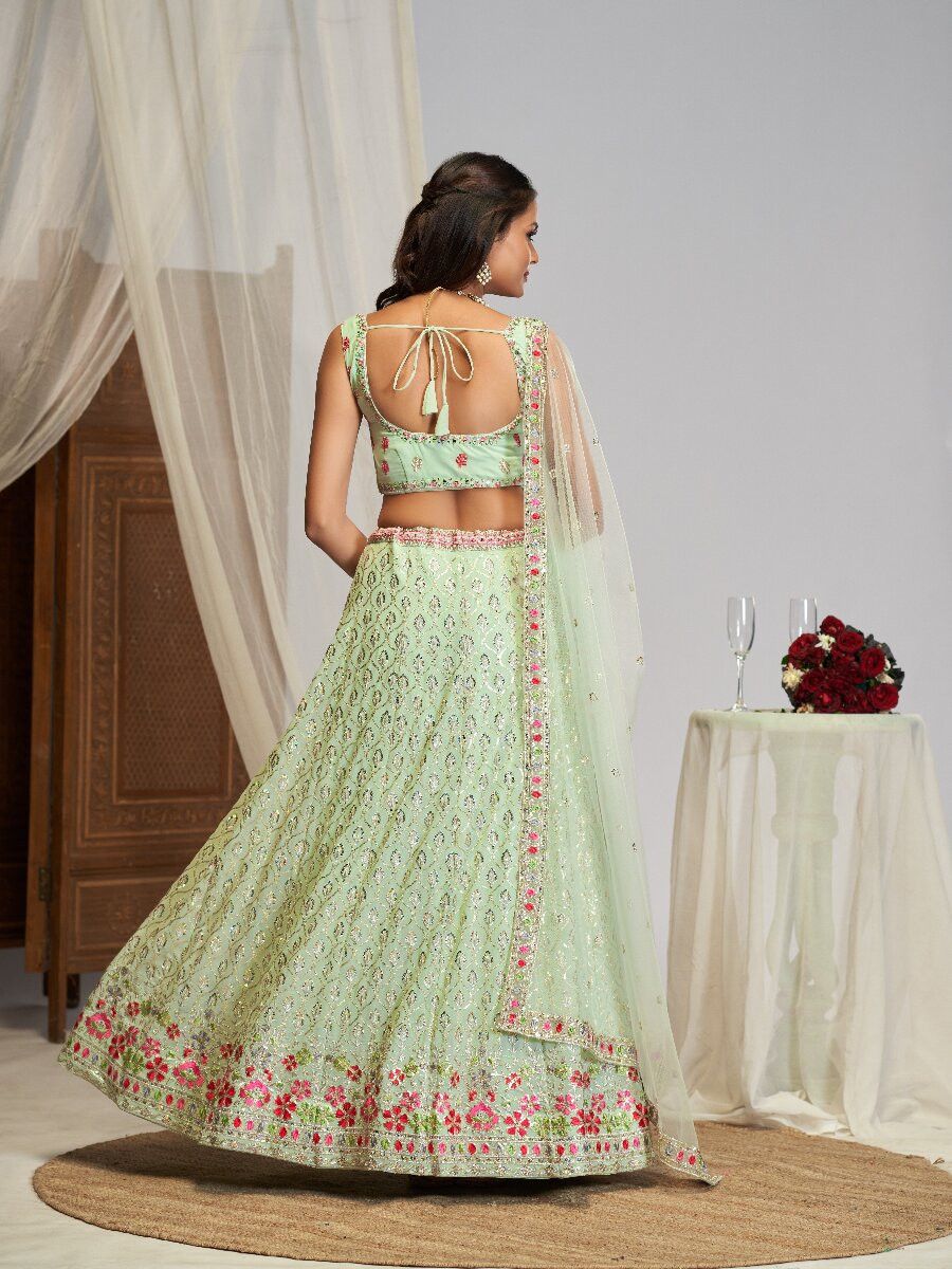 Mint Georgette Embroidery Sequins Zari Wedding Reception Party Festival Heavy Border Lehenga Choli