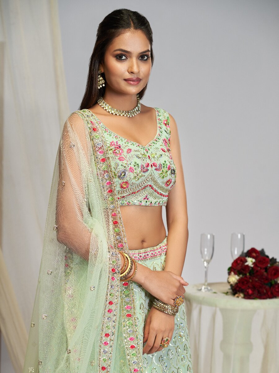 Mint Georgette Embroidery Sequins Zari Wedding Reception Party Festival Heavy Border Lehenga Choli