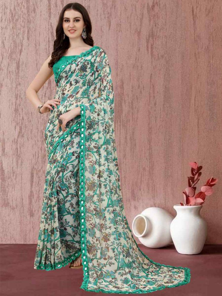 Mint Georgette Printed Casual Festival Contemporary Saree