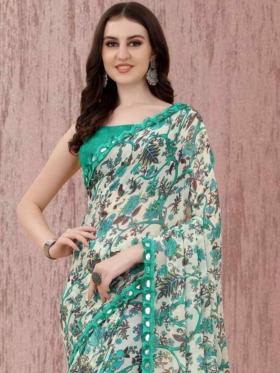 Mint Georgette Printed Casual Festival Contemporary Saree