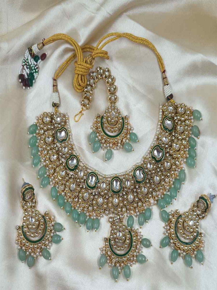 Image of Mint Green Alloy Festival Traditional Bridal Wear Kundan Bridal Sets