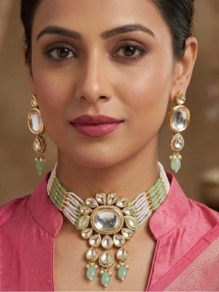 Image of Mint Green Alloy Metal Gemstone Festival Party Wedding Necklace