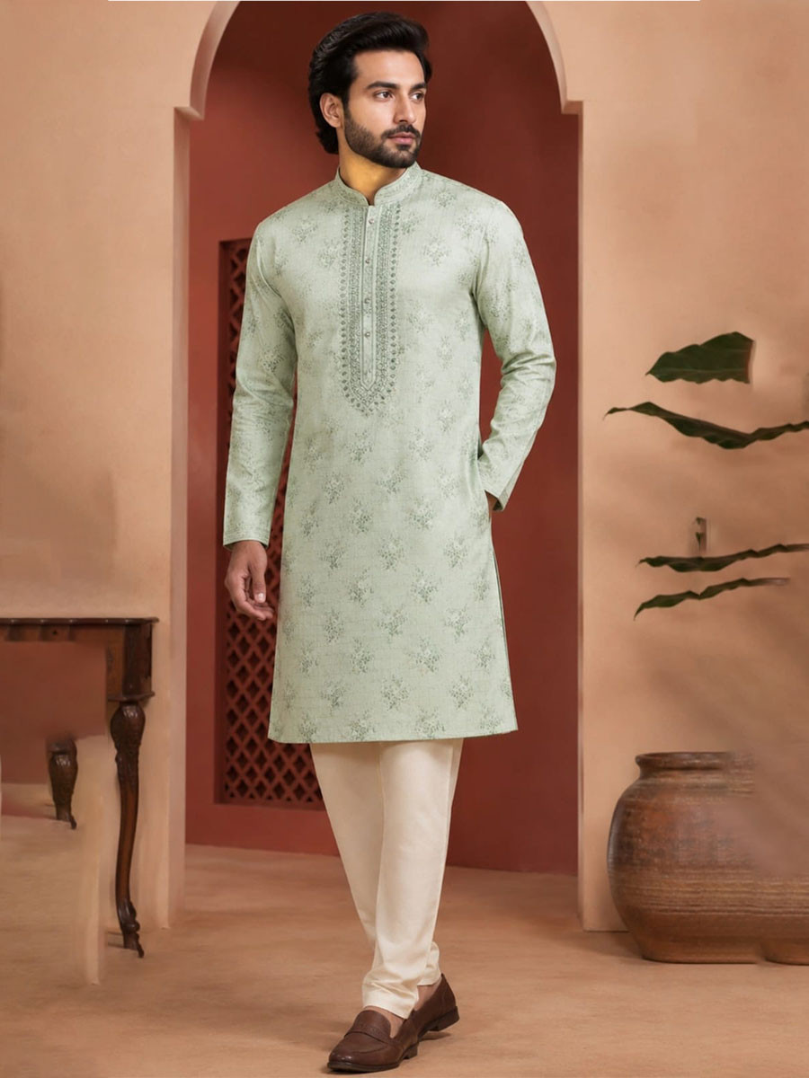 Mint Green Art Silk Embroidery Printed Wedding Party Festival Casual Mens Wear Kurta
