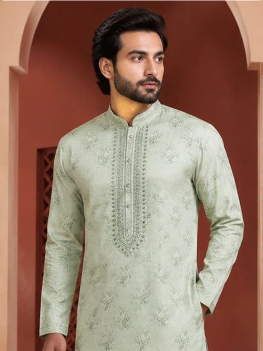Mint Green Art Silk Embroidery Printed Wedding Party Festival Casual Mens Wear Kurta