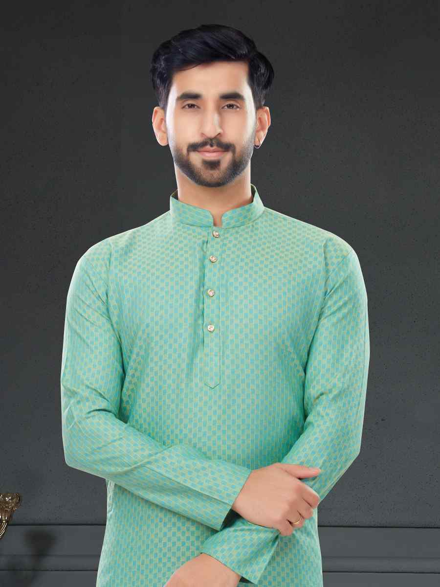 Mint Green Cotton Jecquard Printed Festival Party Kurta