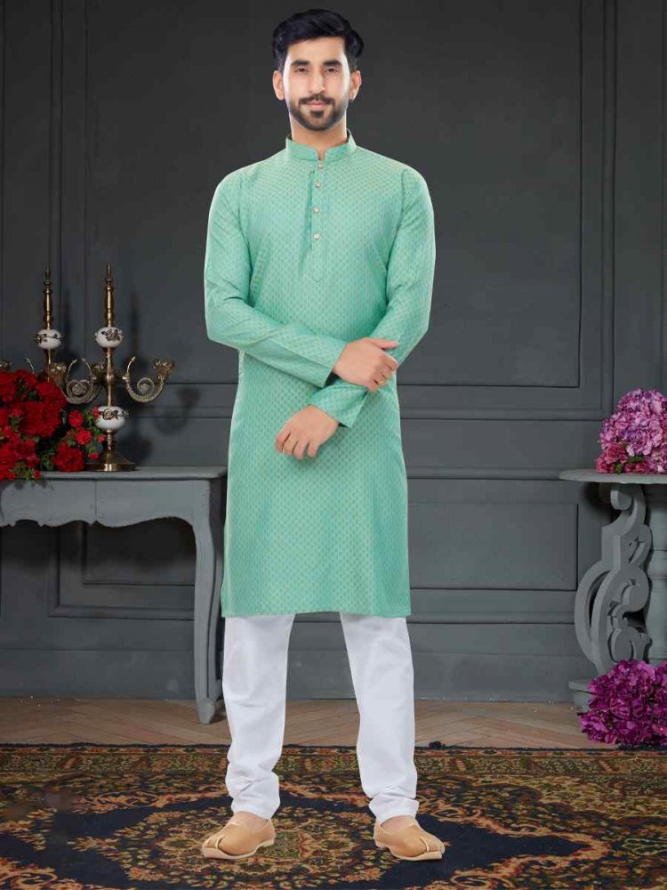 Mint Green Cotton Jecquard Printed Festival Party Kurta