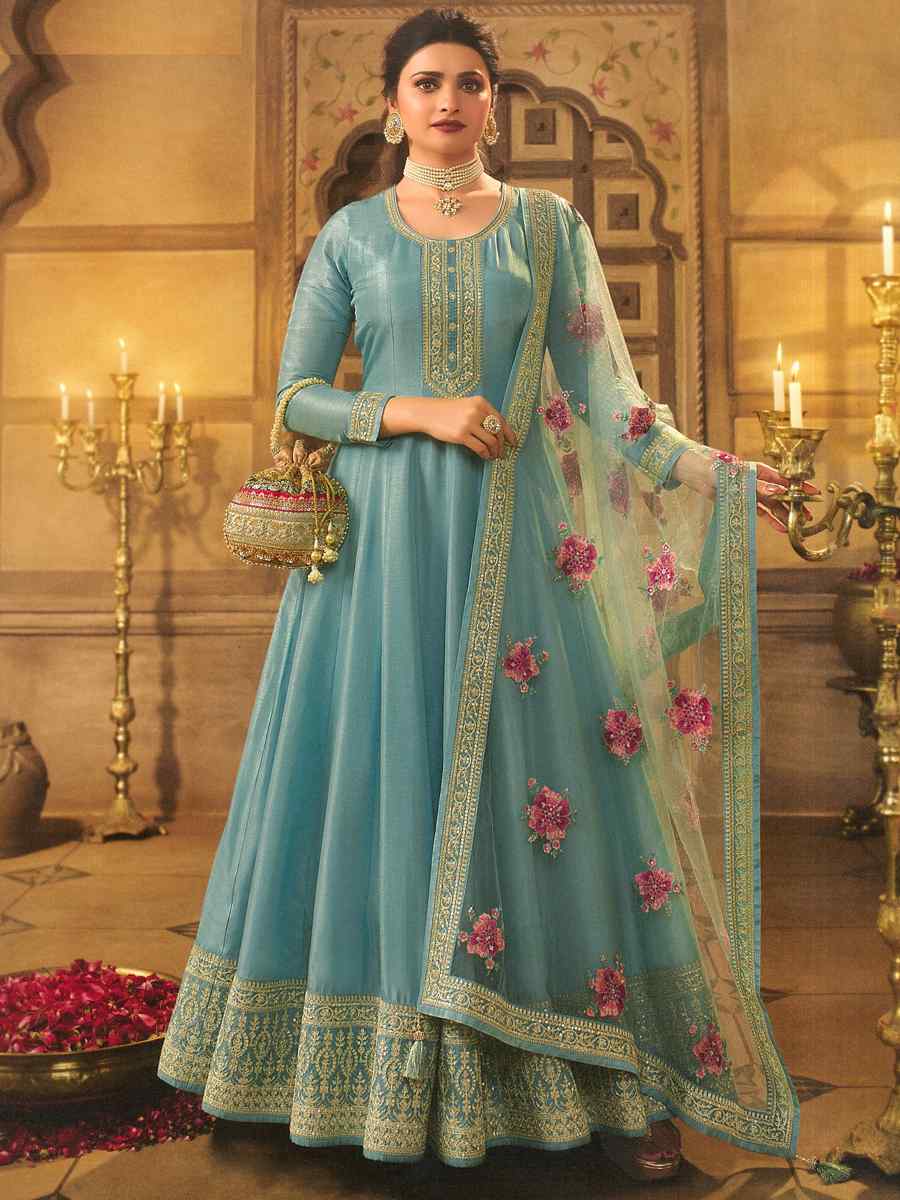 Mint Green Dola Silk Embroidered Festival Wedding Anarkali Bollywood Style Salwar Kameez
