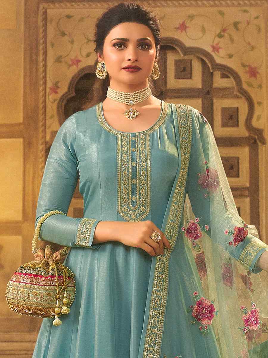 Mint Green Dola Silk Embroidered Festival Wedding Anarkali Bollywood Style Salwar Kameez