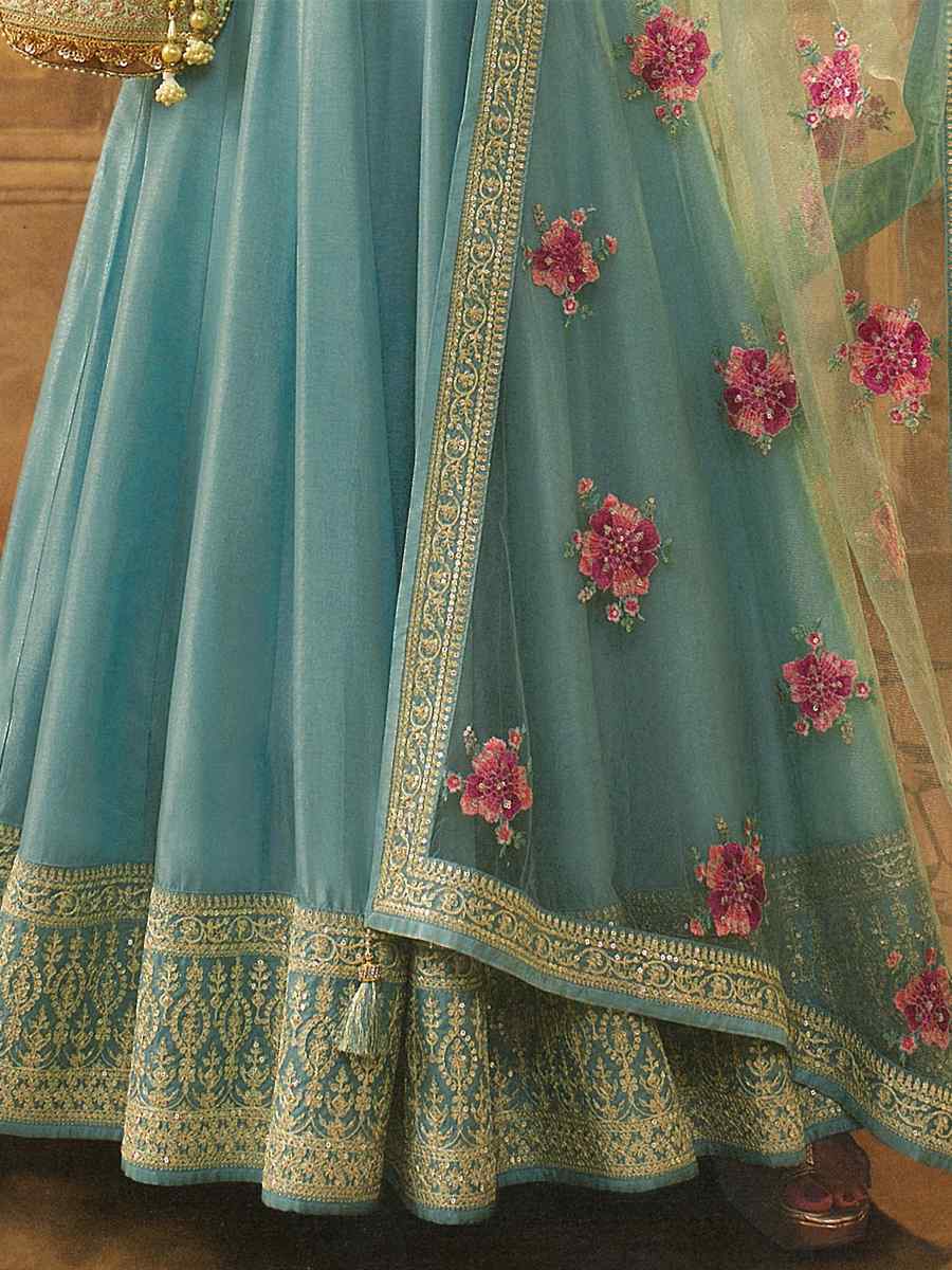 Mint Green Dola Silk Embroidered Festival Wedding Anarkali Bollywood Style Salwar Kameez