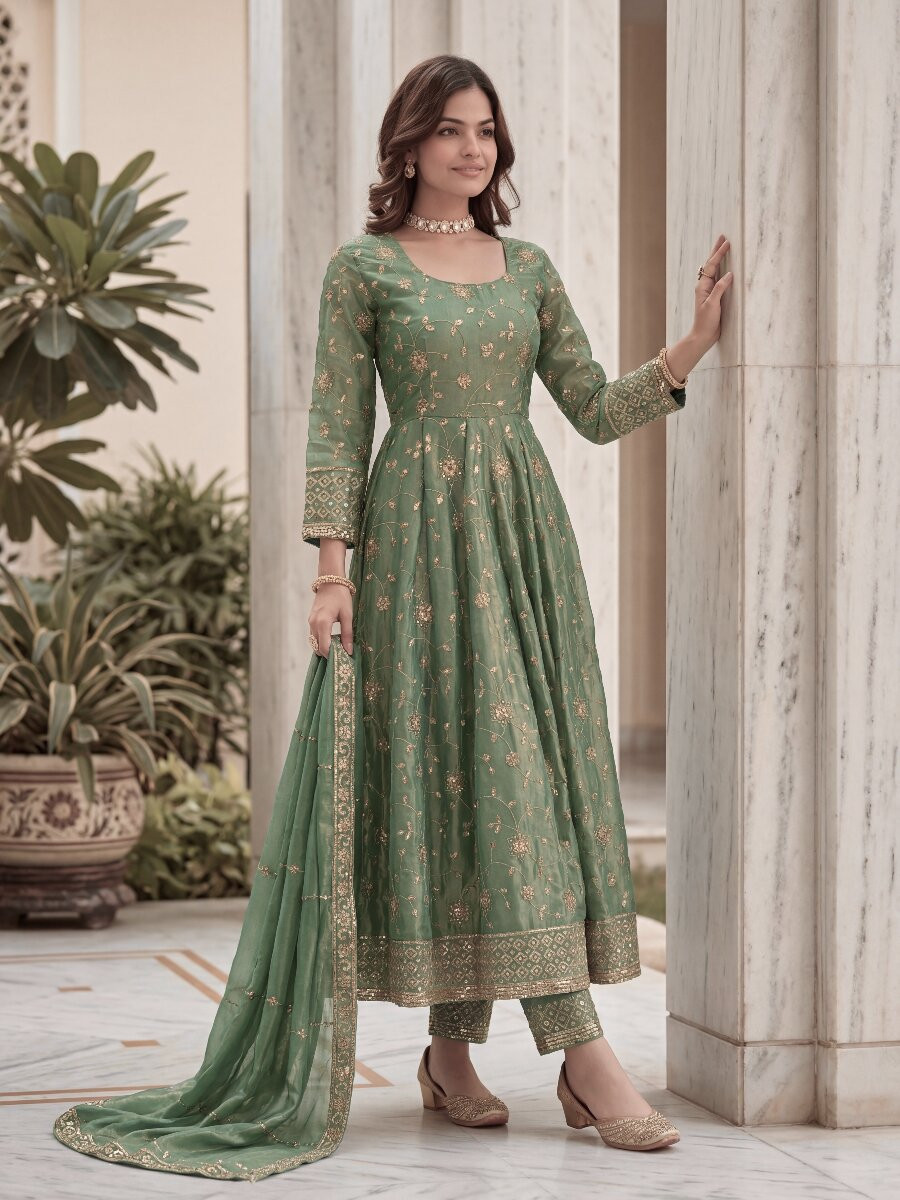 Mint Green Fandy Silk Embroidery Zari Sequins Lace Work Wedding Party Festival Casual Ready Anarkali Pant Salwar Kameez