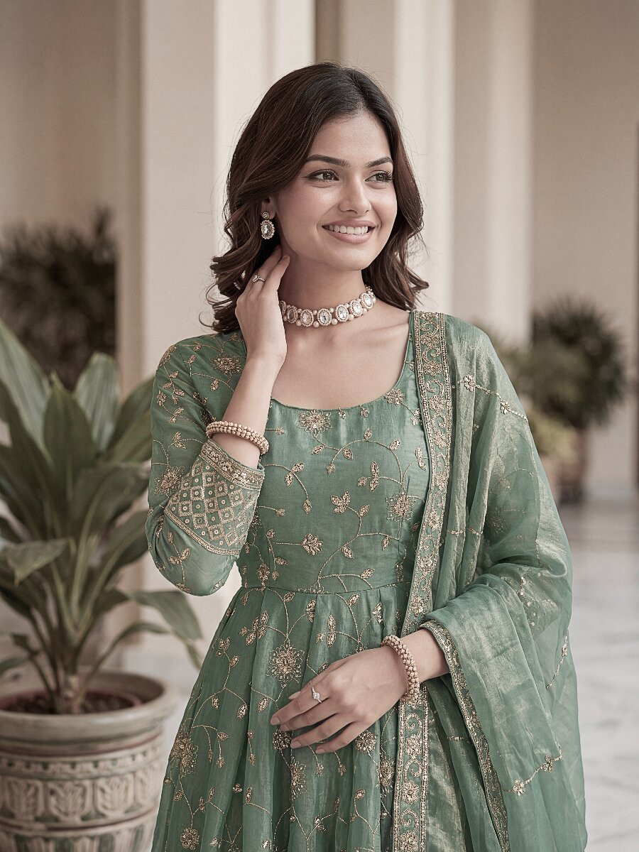 Mint Green Fandy Silk Embroidery Zari Sequins Lace Work Wedding Party Festival Casual Ready Anarkali Pant Salwar Kameez