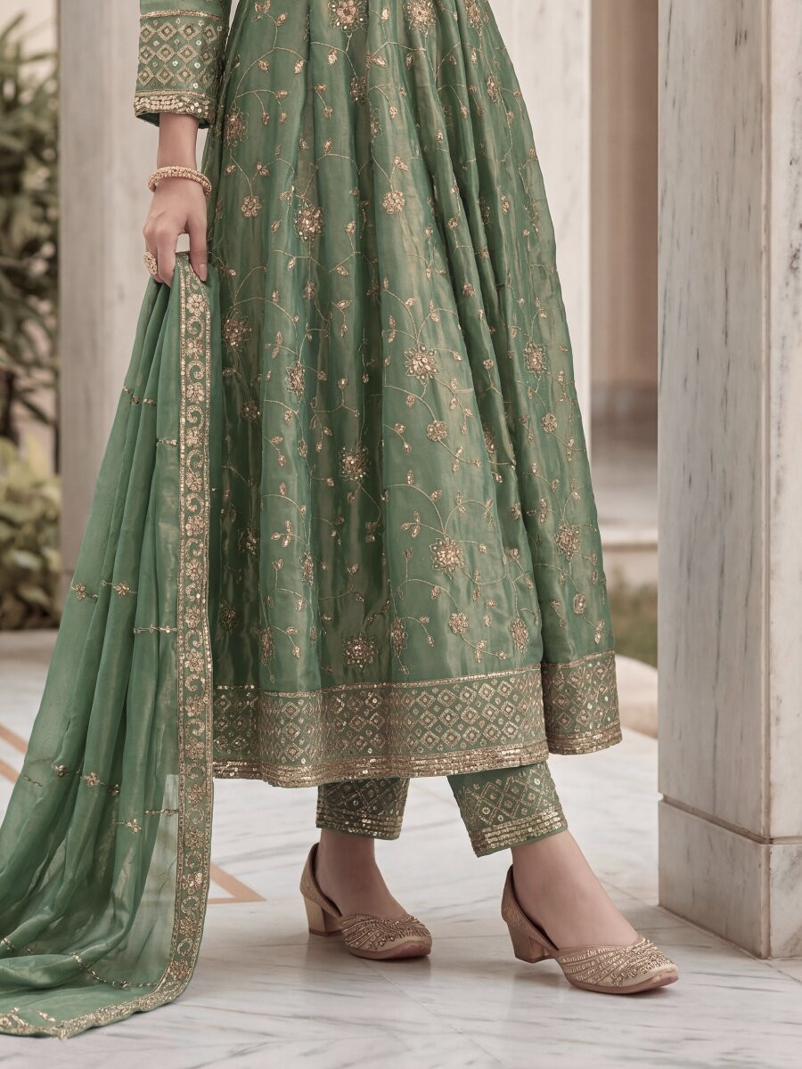 Mint Green Fandy Silk Embroidery Zari Sequins Lace Work Wedding Party Festival Casual Ready Anarkali Pant Salwar Kameez