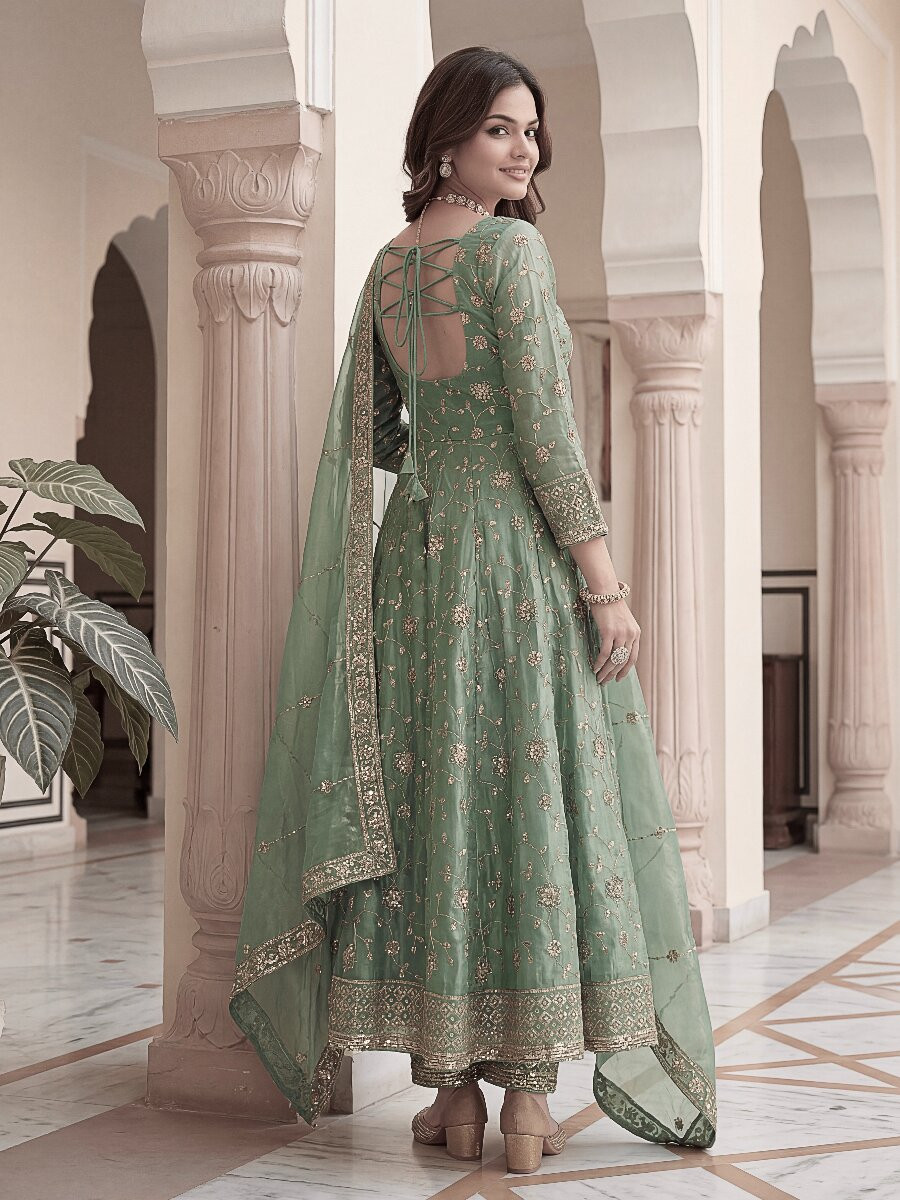 Mint Green Fandy Silk Embroidery Zari Sequins Lace Work Wedding Party Festival Casual Ready Anarkali Pant Salwar Kameez