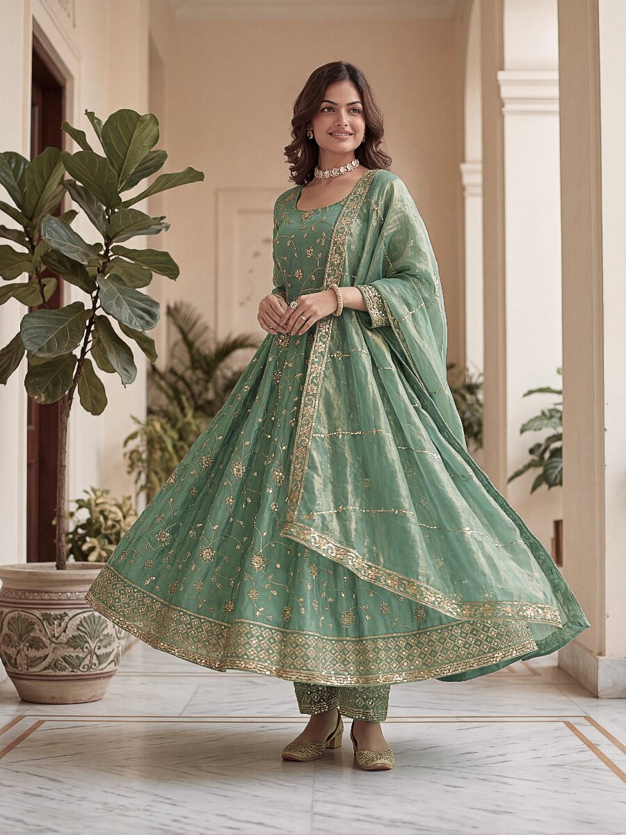Mint Green Fandy Silk Embroidery Zari Sequins Lace Work Wedding Party Festival Casual Ready Anarkali Pant Salwar Kameez