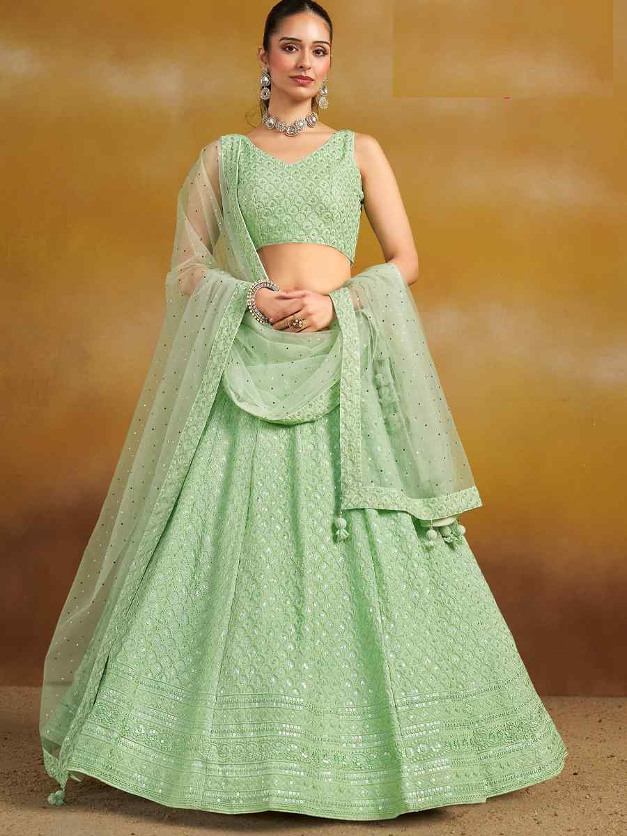 Mint Green Georgette Embroidered Reception Wedding Heavy Border Lehenga Choli
