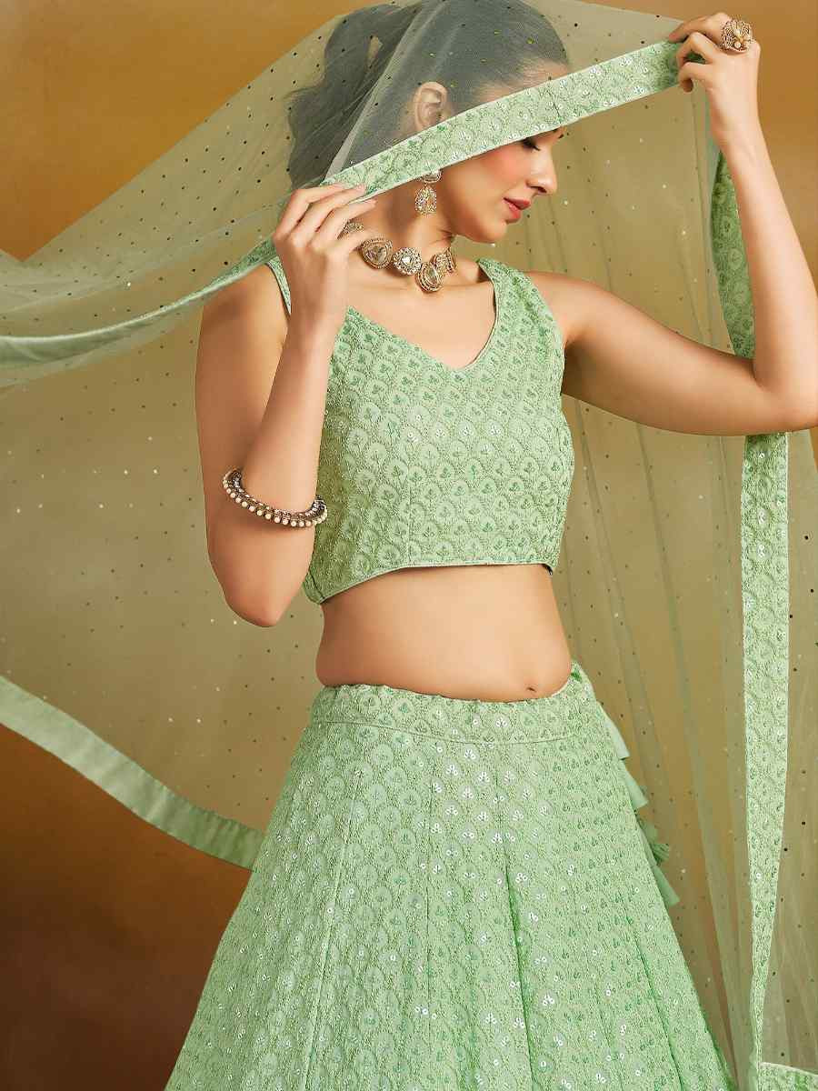 Mint Green Georgette Embroidered Reception Wedding Heavy Border Lehenga Choli