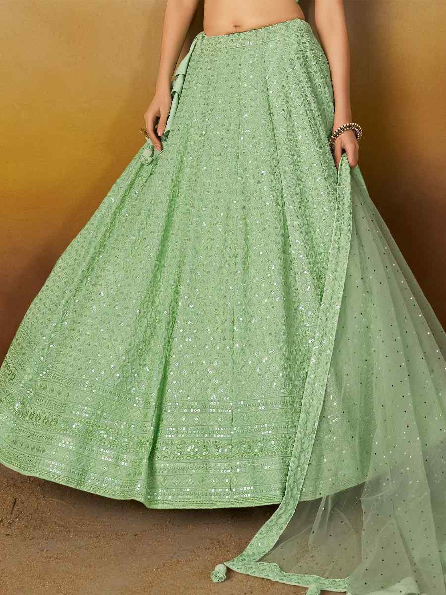 Mint Green Georgette Embroidered Reception Wedding Heavy Border Lehenga Choli