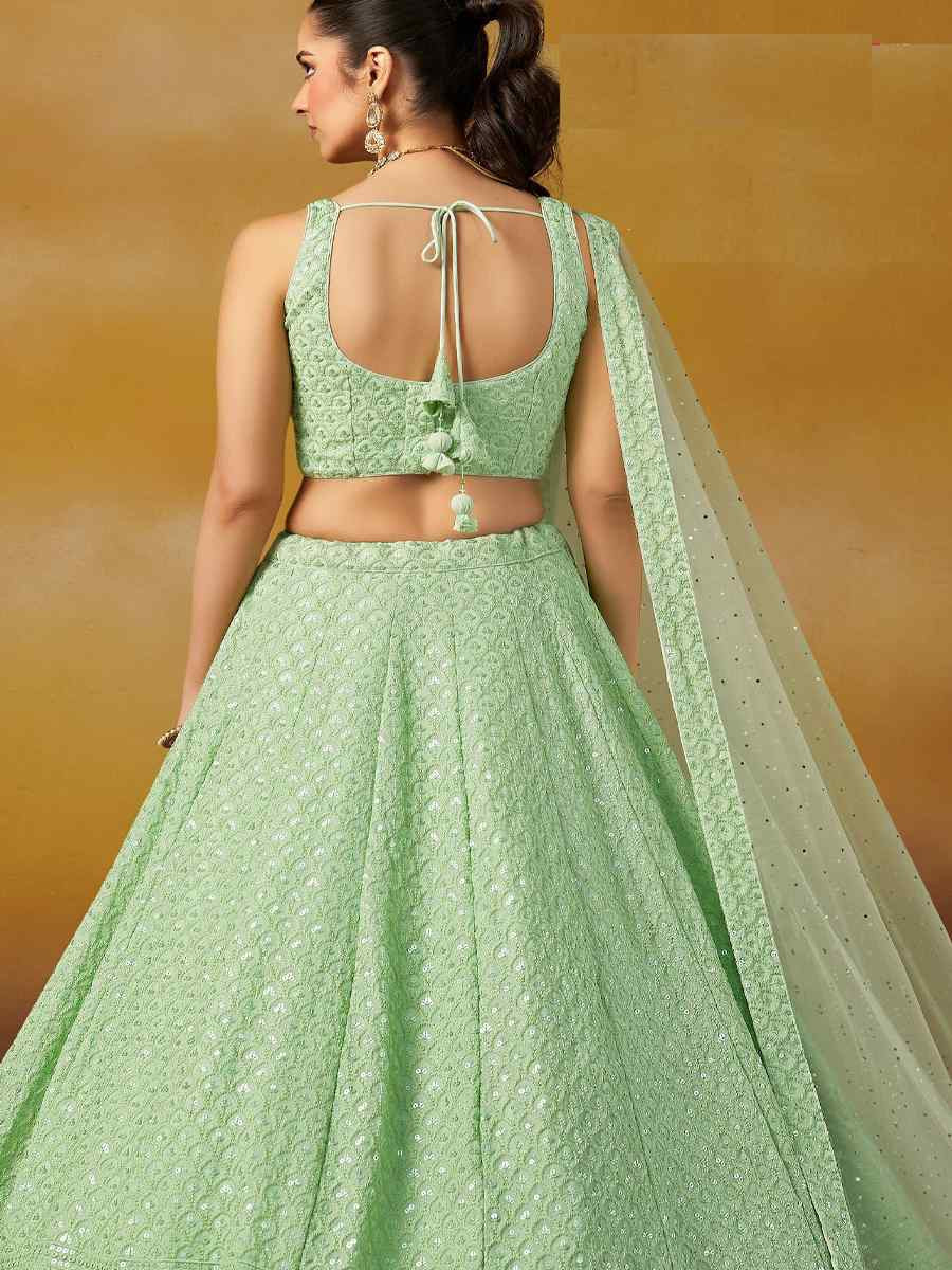 Mint Green Georgette Embroidered Reception Wedding Heavy Border Lehenga Choli