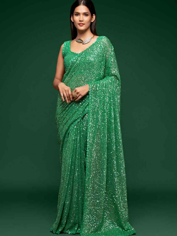 Image of Mint Green Georgette Embroidery Festival Wedding Fancy Heavy Border Saree