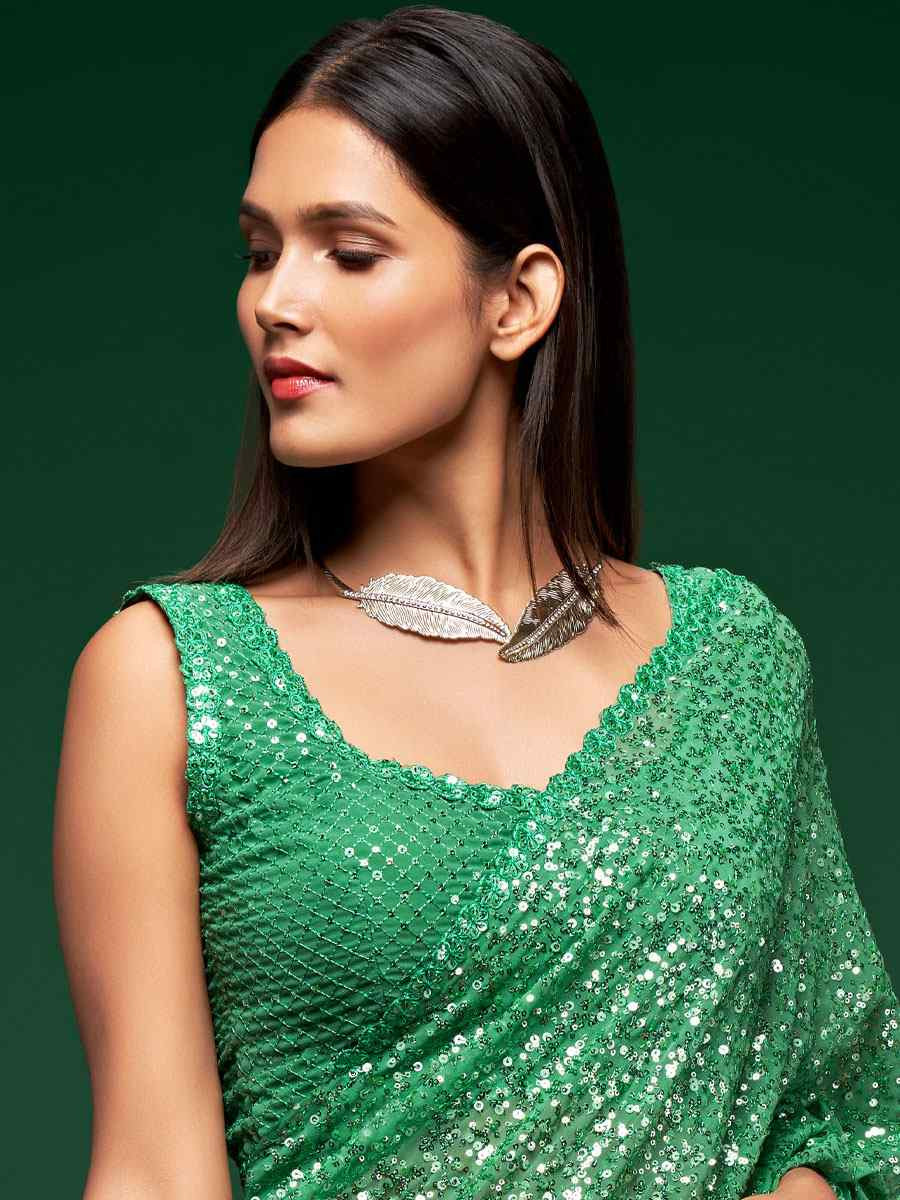 Mint Green Georgette Embroidery Festival Wedding Fancy Heavy Border Saree
