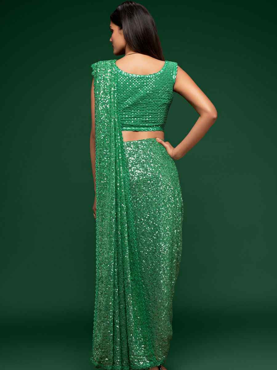 Mint Green Georgette Embroidery Festival Wedding Fancy Heavy Border Saree