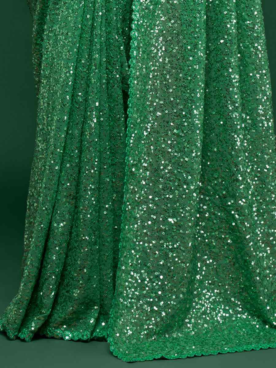 Mint Green Georgette Embroidery Festival Wedding Fancy Heavy Border Saree