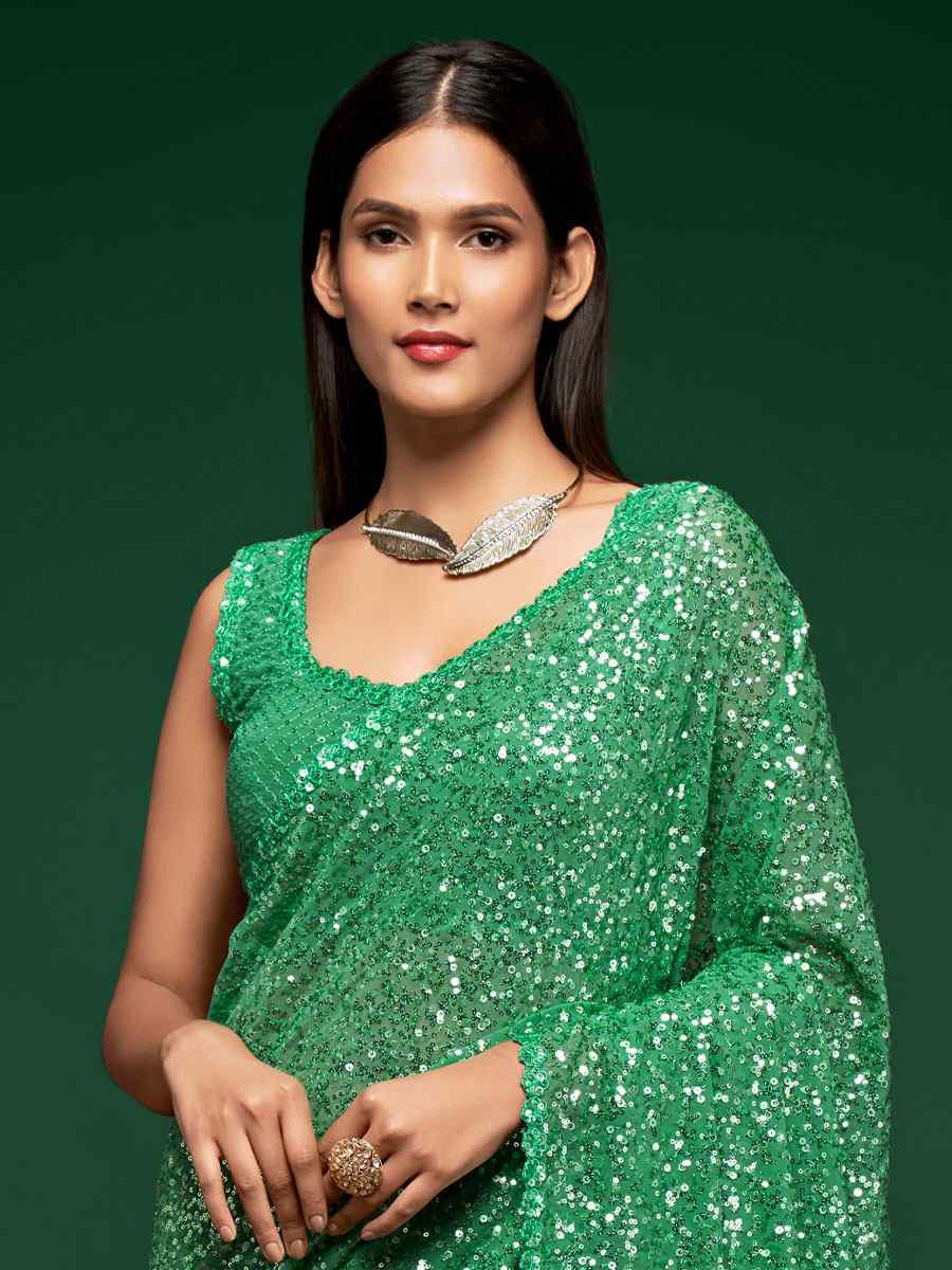 Mint Green Georgette Embroidery Festival Wedding Fancy Heavy Border Saree