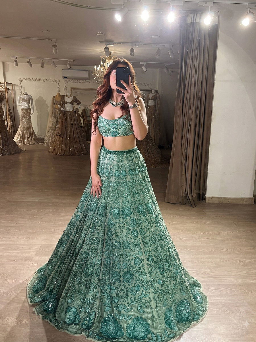 Mint Green Georgette Embroidery Sequins Wedding Reception Festival Party Wear Heavy Border Lehenga Choli