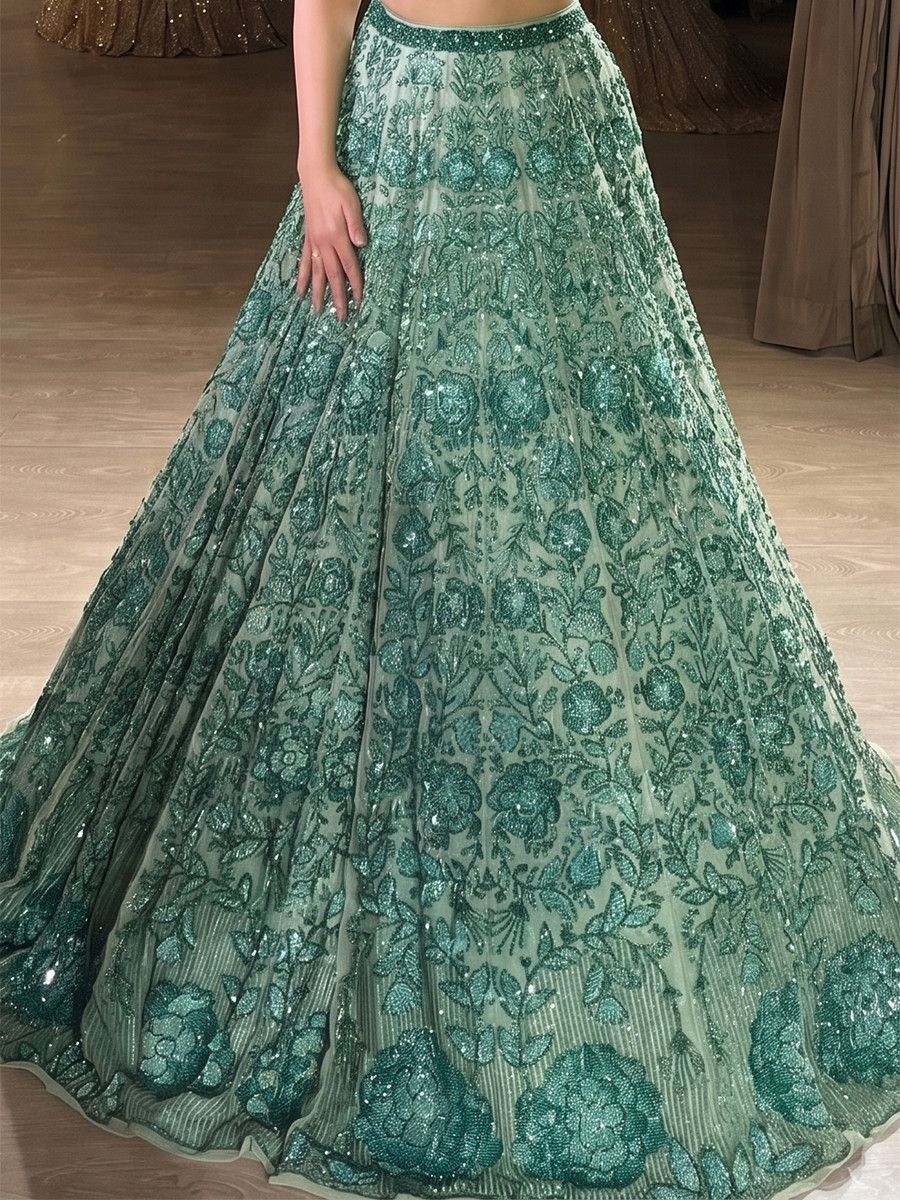 Mint Green Georgette Embroidery Sequins Wedding Reception Festival Party Wear Heavy Border Lehenga Choli