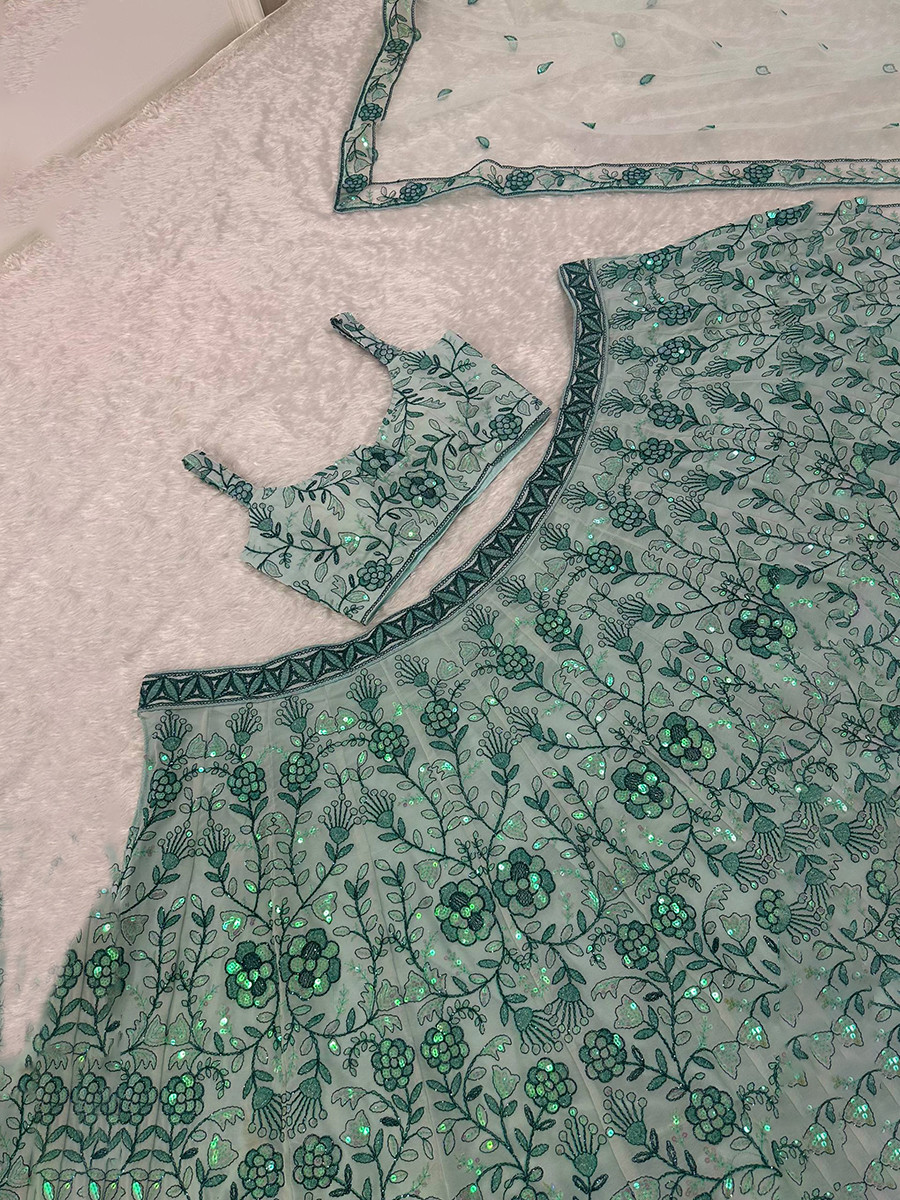 Mint Green Georgette Embroidery Sequins Wedding Reception Festival Party Wear Heavy Border Lehenga Choli
