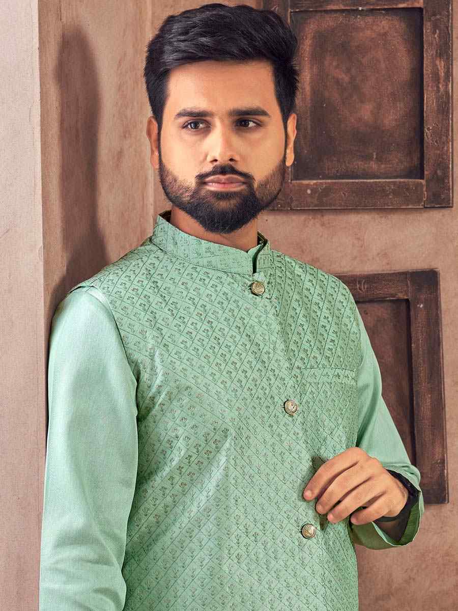Mint Green Heavy Banglori Silk Embroidered Festival Party Kurta