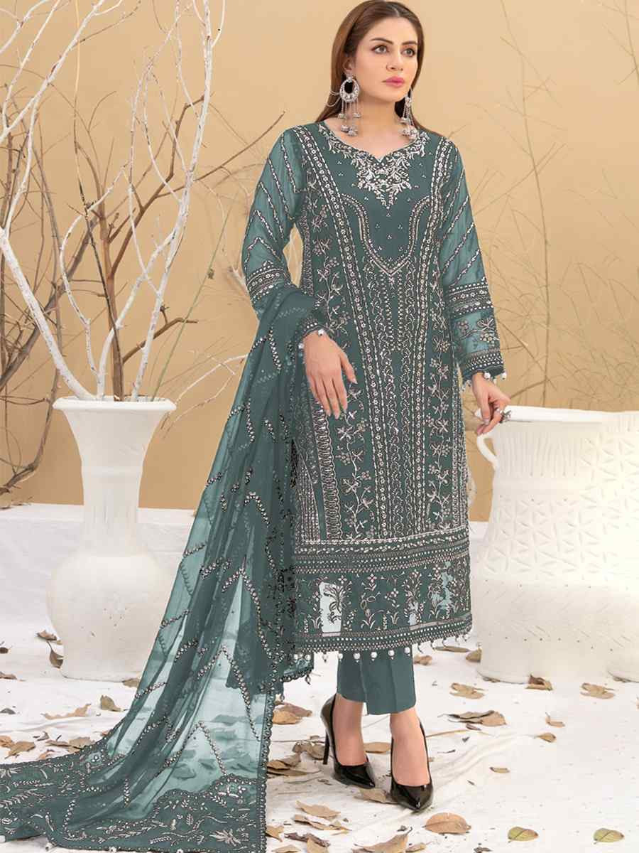 Mint Green Heavy Fox Georgette Embroidered Festival Casual Pant Salwar Kameez