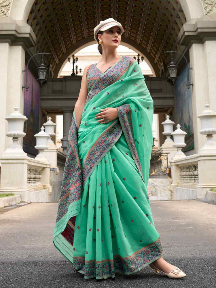 Image of Mint Green Linen Cotton Silk Handwoven Festival Wedding Fancy Heavy Border Saree