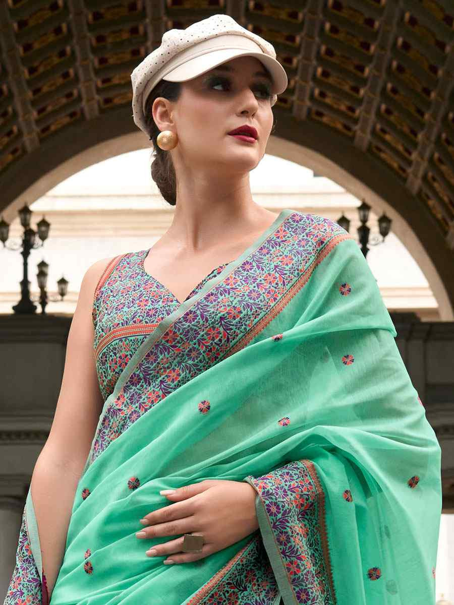 Mint Green Linen Cotton Silk Handwoven Festival Wedding Fancy Heavy Border Saree