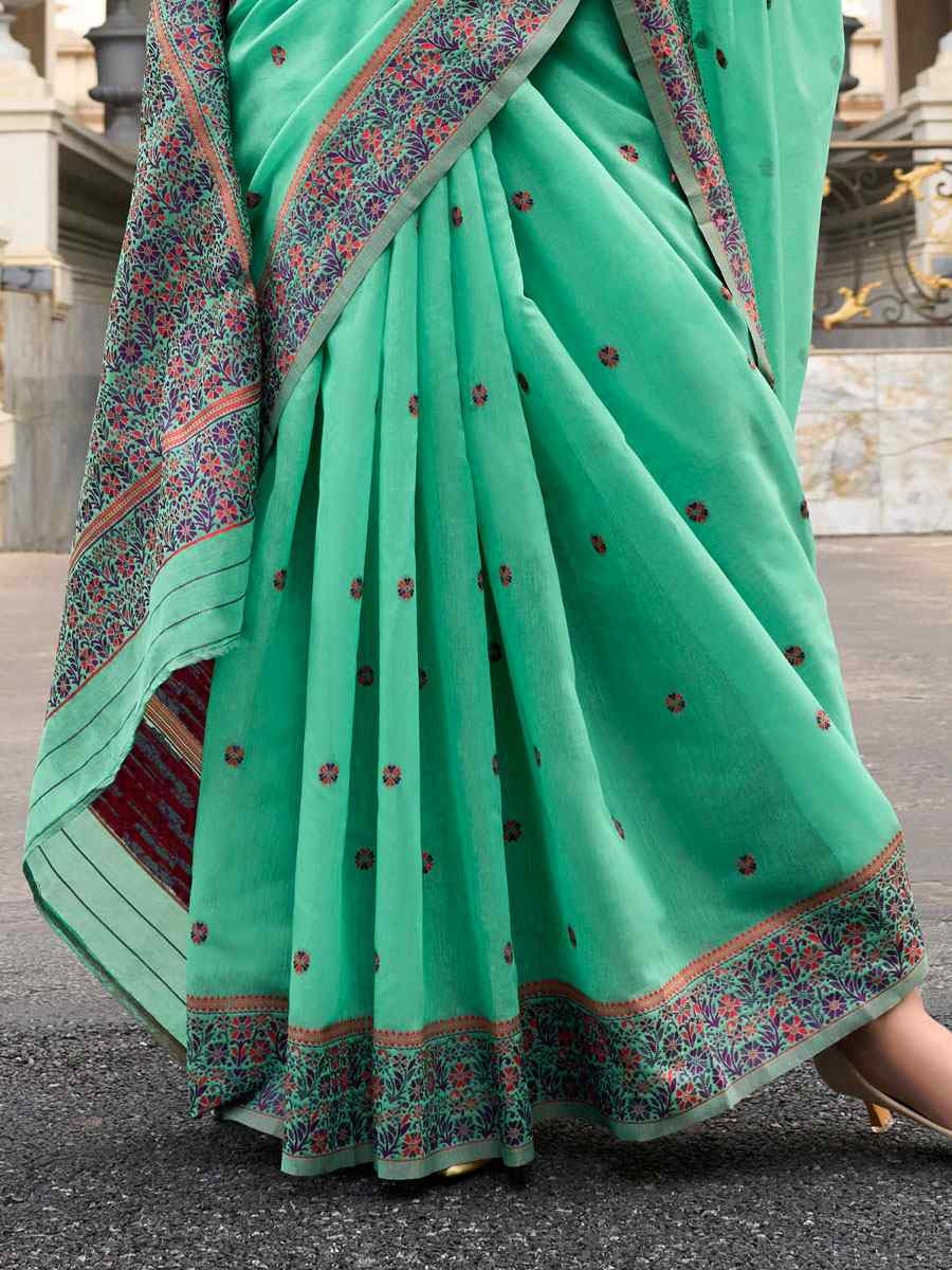 Mint Green Linen Cotton Silk Handwoven Festival Wedding Fancy Heavy Border Saree