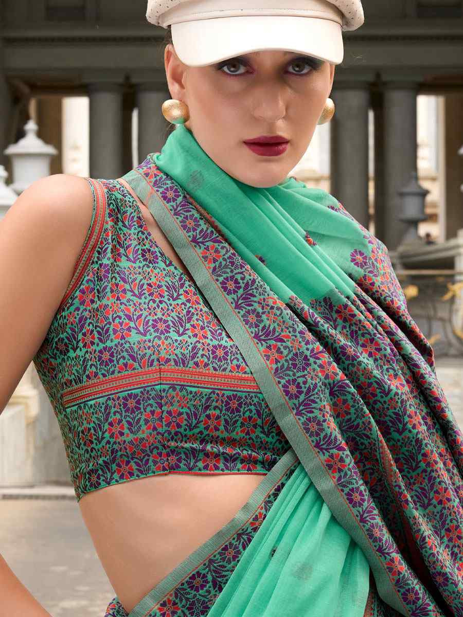 Mint Green Linen Cotton Silk Handwoven Festival Wedding Fancy Heavy Border Saree