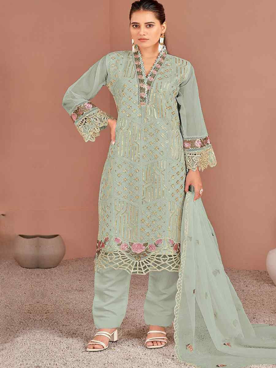Mint Green Nylon Organza Embroidered Festival Wedding Pant Salwar Kameez