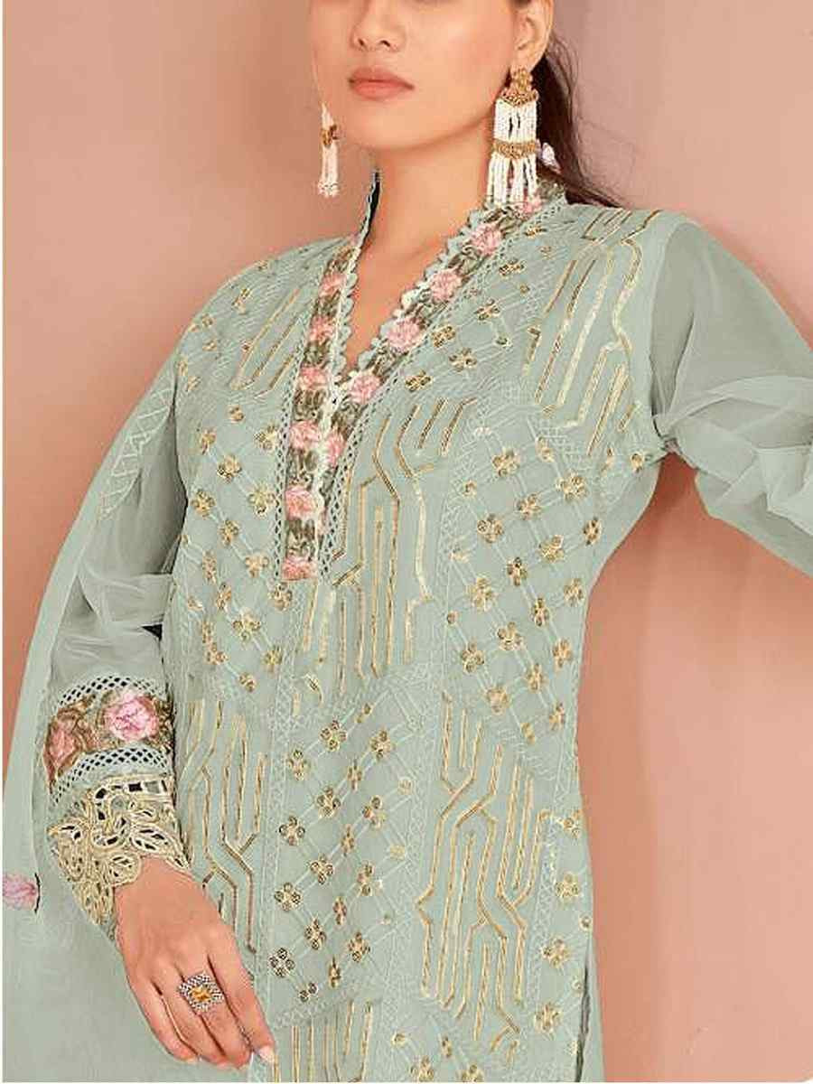 Mint Green Nylon Organza Embroidered Festival Wedding Pant Salwar Kameez