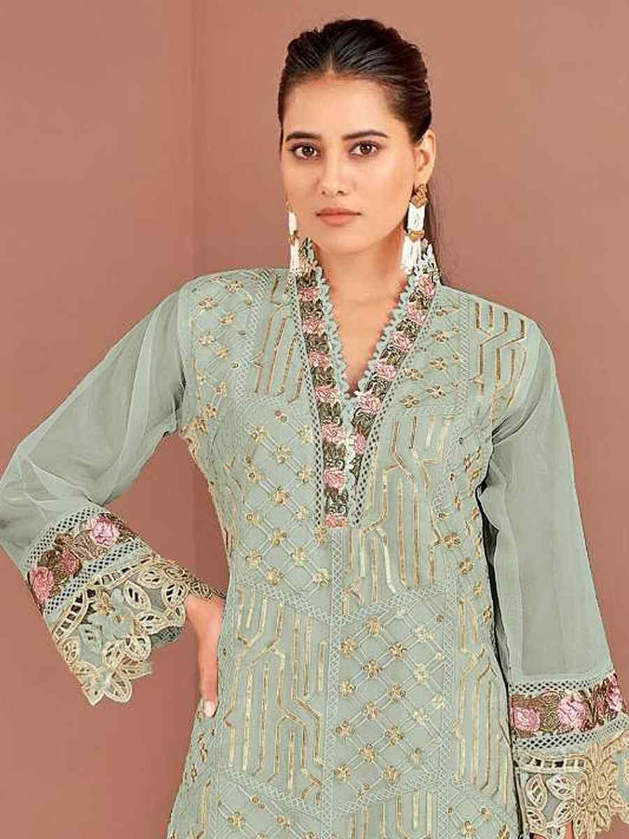 Mint Green Nylon Organza Embroidered Festival Wedding Pant Salwar Kameez