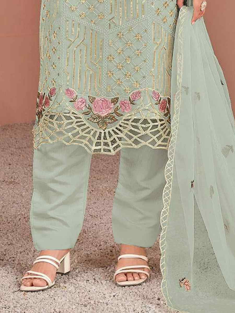 Mint Green Nylon Organza Embroidered Festival Wedding Pant Salwar Kameez
