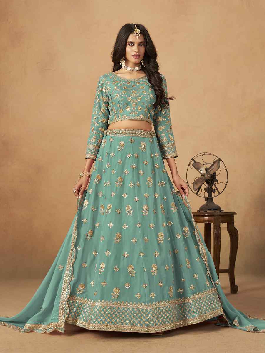 Mint Green Organza Embroidered Bridal Wedding Reception Festival Heavy Border Lehenga Choli